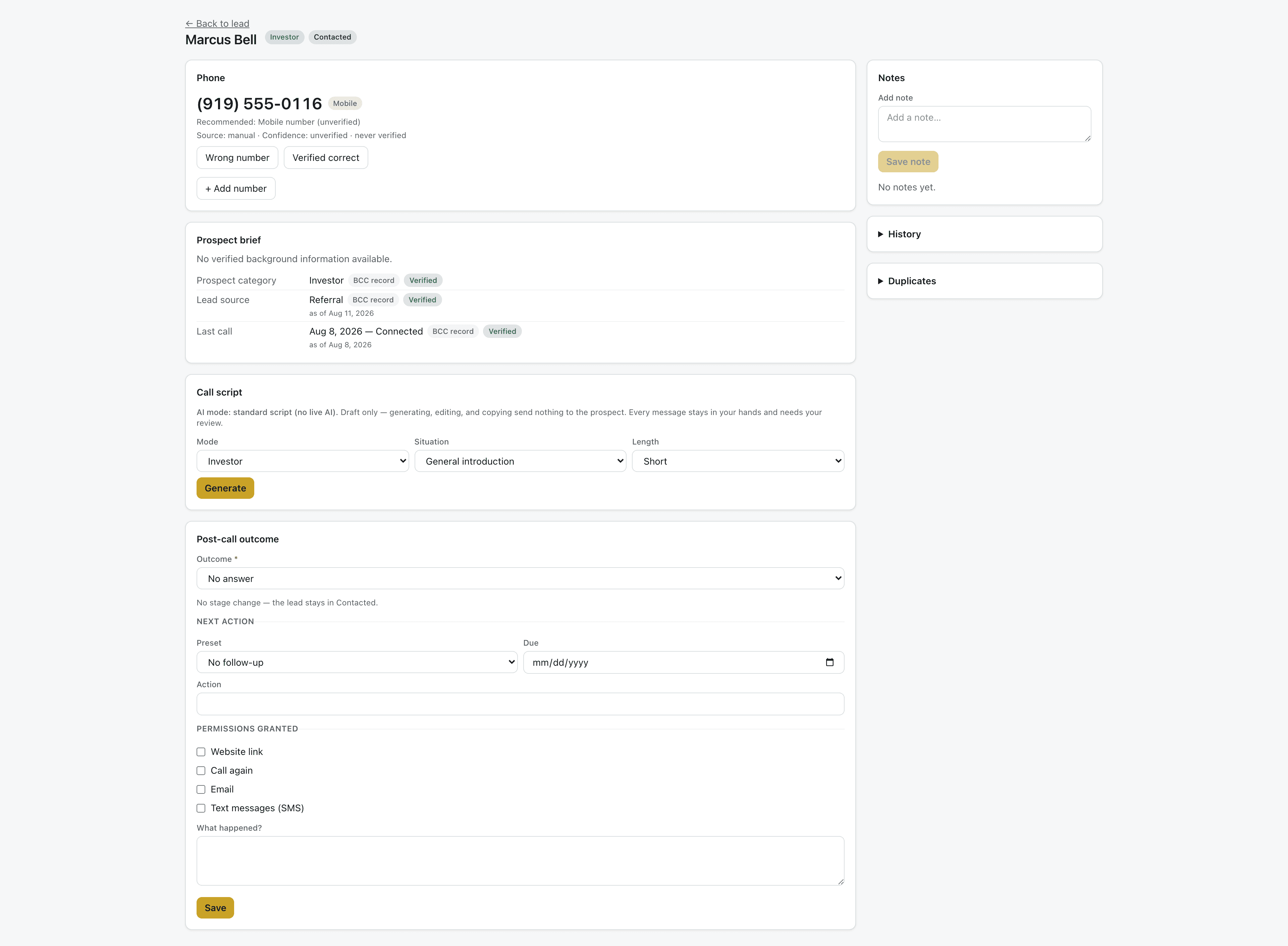 The call workspace showing the recommended phone number, a prospect brief with verified records, draft-only call script controls, and the post-call outcome form