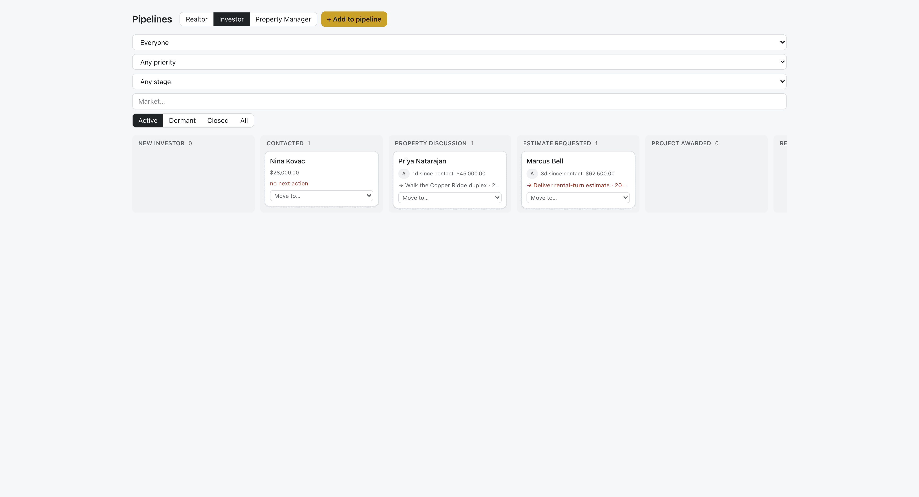 The investor pipeline board — stage columns from New Investor to Project Awarded and beyond, cards carrying priority, expected value, and next action