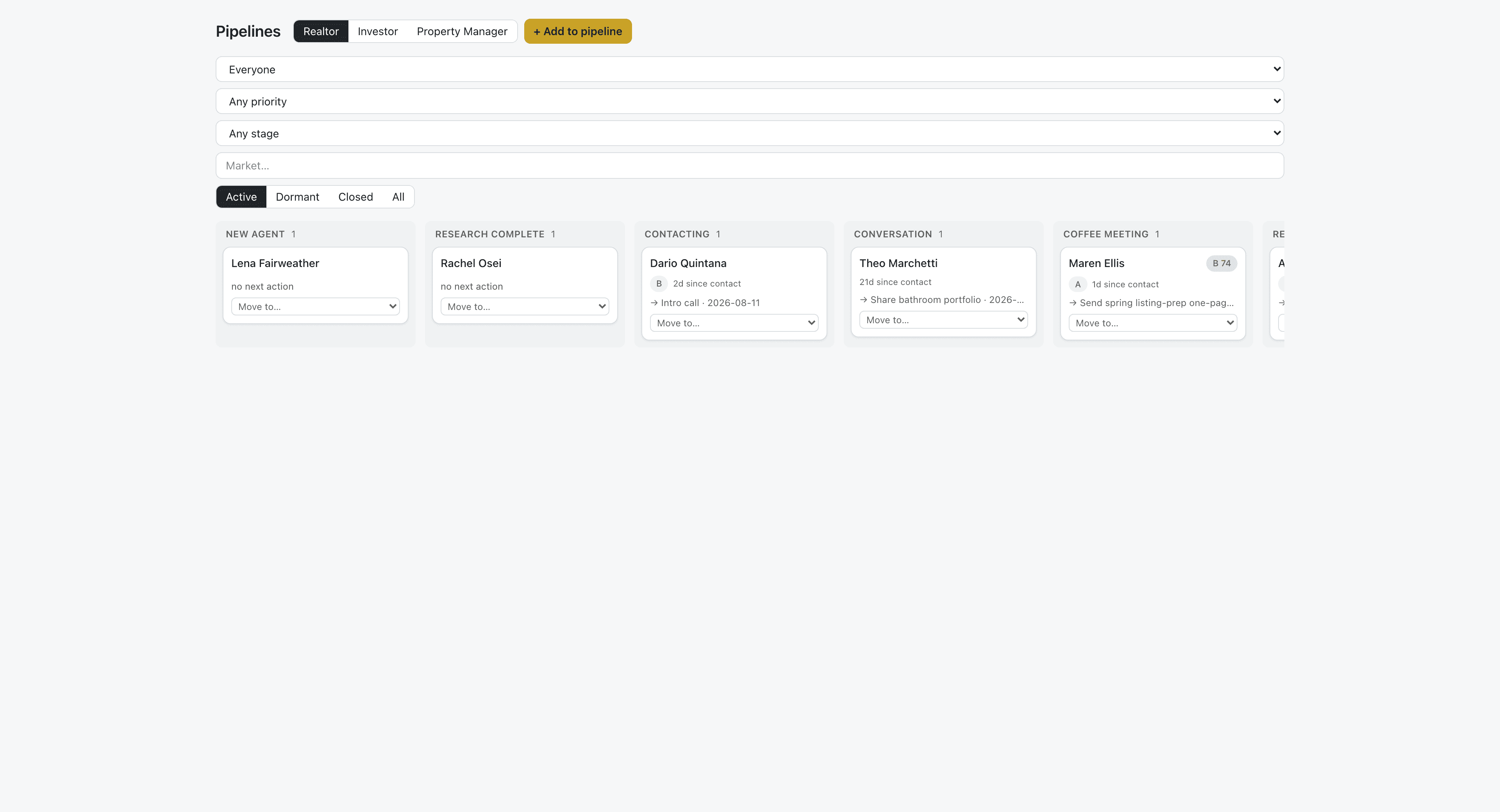 The realtor pipeline board — stage columns from New Agent to Coffee Meeting and beyond, each card carrying its score and next action